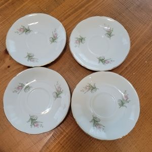 Set Of 4 Vintage Tea Saucers Light Pink Roses & Bluebells 5.5" Diameter